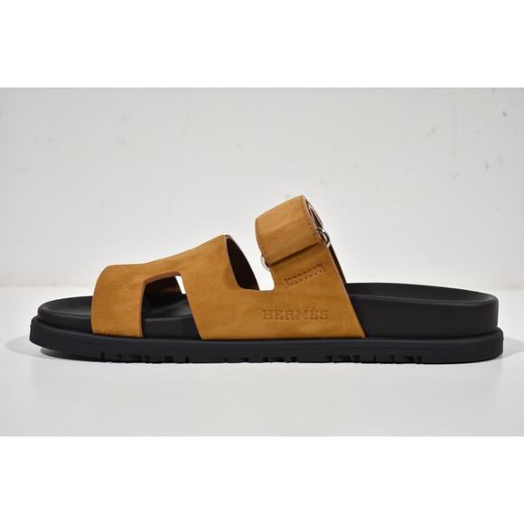 Hermes Chypre Sandal Black Naturel Gold Suede H Logo Strap Slide Slip On Flat 38 - Picture 7 of 10